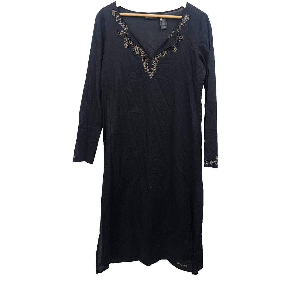 DKNY Embroidered split-neck long sleeve tunic Cover-up Dress B;lack Size M
